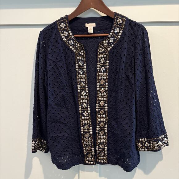 Chico’s Jacket Small (0) Navy Blue Eyelet Studded Open Front Sailor‎ Nautical - Picture 3 of 11